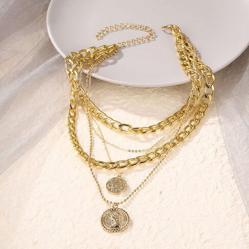 Gold Chunky Necklaces for Women Multi Layered Punk Gold Statement Necklaces Hip Hop Portrait Cuban Link Chain Necklace 90s Outfit Accessories in Saudi Arabia
