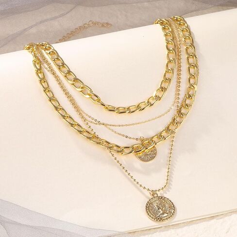 Gold Chunky Necklaces for Women Multi Layered Punk Gold Statement Necklaces Hip Hop Portrait Cuban Link Chain Necklace 90s Outfit Accessories in Saudi Arabia