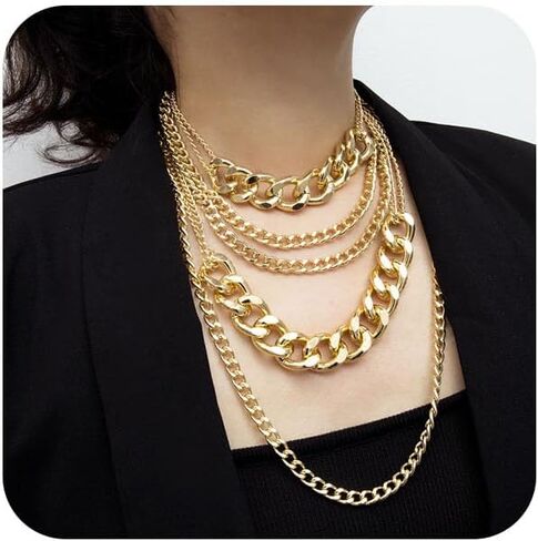 Gold Chunky Necklaces for Women Multi Layered Punk Gold Statement Necklaces Hip Hop Portrait Cuban Link Chain Necklace 90s Outfit Accessories in Saudi Arabia