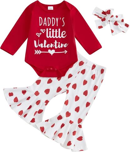Newborn Baby Girl Valentines Day Outfit Daddy's Valentine Long Sleeve Romper Heart Bow Flare Pants Headband 3Pcs Set in Kuwait