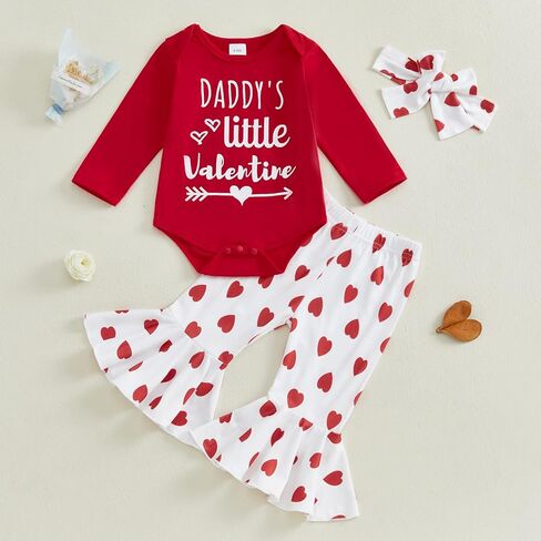 Newborn Baby Girl Valentines Day Outfit Daddy's Valentine Long Sleeve Romper Heart Bow Flare Pants Headband 3Pcs Set in Kuwait