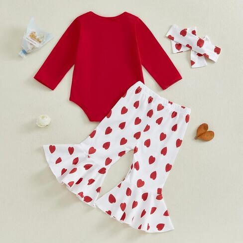 Newborn Baby Girl Valentines Day Outfit Daddy's Valentine Long Sleeve Romper Heart Bow Flare Pants Headband 3Pcs Set in Kuwait