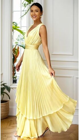 Pleated Satin Bridesmaid Dress for Women Bow V-Neck Formal Evening Dress in Saudi Arabia