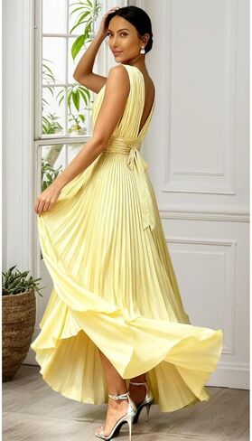 Pleated Satin Bridesmaid Dress for Women Bow V-Neck Formal Evening Dress in Saudi Arabia