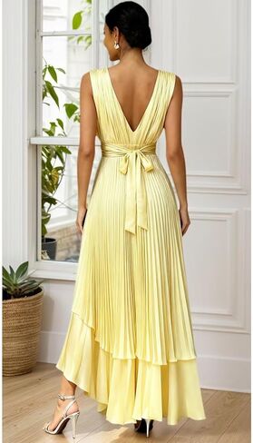 Pleated Satin Bridesmaid Dress for Women Bow V-Neck Formal Evening Dress in Saudi Arabia