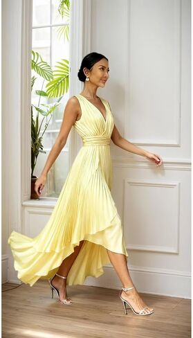 Pleated Satin Bridesmaid Dress for Women Bow V-Neck Formal Evening Dress in Saudi Arabia