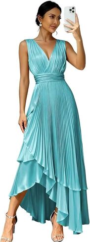 Pleated Satin Bridesmaid Dress for Women Bow V-Neck Formal Evening Dress in Saudi Arabia
