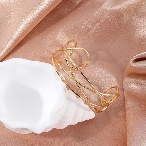 14K Gold Plated Chunky Wrist Cuff Bangle Bracelet for Women – Geometric Web Bangle, Statement Wrist Jewelry Gift in Saudi Arabia
