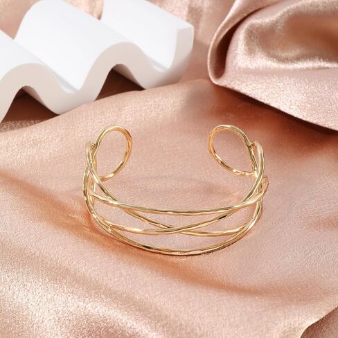 14K Gold Plated Chunky Wrist Cuff Bangle Bracelet for Women – Geometric Web Bangle, Statement Wrist Jewelry Gift in Saudi Arabia