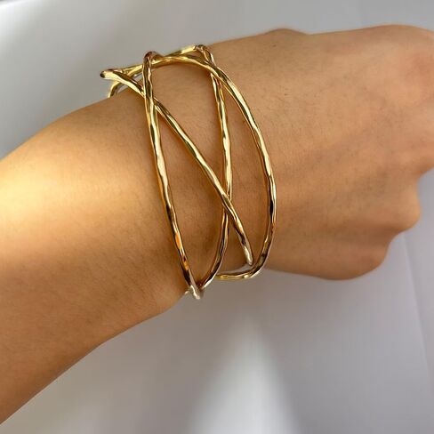 14K Gold Plated Chunky Wrist Cuff Bangle Bracelet for Women – Geometric Web Bangle, Statement Wrist Jewelry Gift in Saudi Arabia