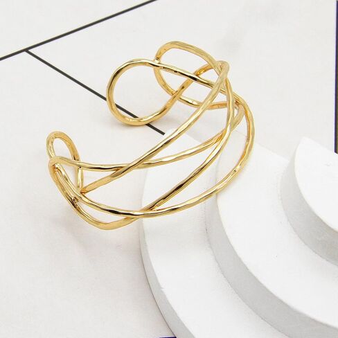 14K Gold Plated Chunky Wrist Cuff Bangle Bracelet for Women – Geometric Web Bangle, Statement Wrist Jewelry Gift in Saudi Arabia