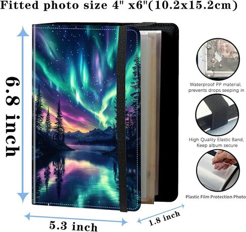 Photo Album 4x6 Photos - 120 Photos Capacity PU Leather Cover,cute small photo album with Strong Elastic Band,for Wedding baby Travel Family photo book Album - Beautiful Northern Lights 2 in Kuwait