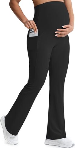 Plus Size High Waisted Maternity Flared Leggings Over The Belly Yoga Pants with Pockets Scrub Clothes Casual Active Wear Tall Maternity Pants Pregnancy Must Haves (32" Black XXL) in Saudi Arabia