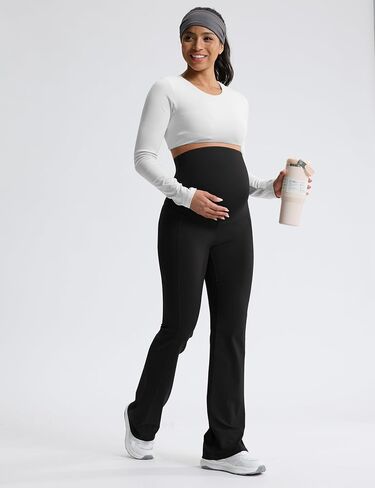 Plus Size High Waisted Maternity Flared Leggings Over The Belly Yoga Pants with Pockets Scrub Clothes Casual Active Wear Tall Maternity Pants Pregnancy Must Haves (32" Black XXL) in Saudi Arabia