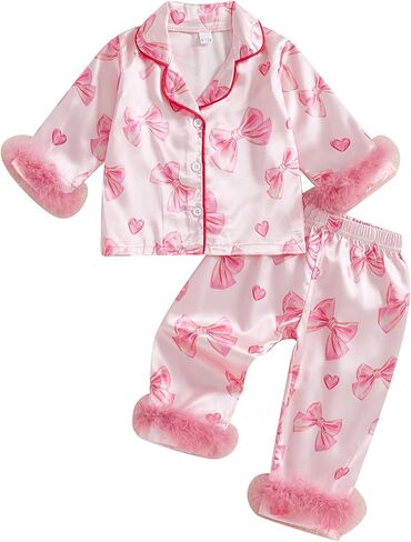 Kids Girls Pajamas Baby Short/Long Sleeve Bow Print Button Down Tops Pants Satin Silk Halloween Christmas Pajamas (Bow Print Pink, 2-3 Years) in Saudi Arabia