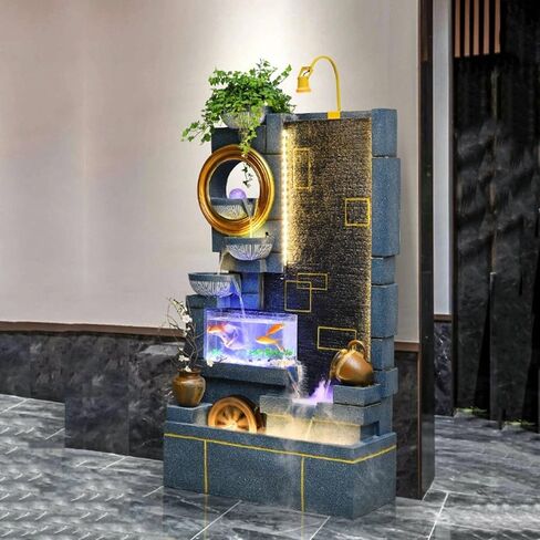 Outdoor Fountains Indoor Leisure Fountain Waterfall with Fish Tank and Plant Misting Humidifier, Floor Standing Fountain for Home and Bedroom Decoration Garden Water Fountain(Blue) in Saudi Arabia