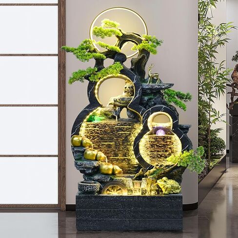 Outdoor Fountains Floor Standing Gourd Water Fountain, Indoor Freestanding Fountain with Water Mist, LED Lights and Simulated Greenery, Feng Shui Office Home Decor for Good Luck Wealth Garden Water Fo in Saudi Arabia