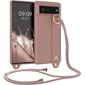 kwmobile Case Compatible with Google Pixel 6 - Soft TPU Phone Cover with Hand Strap Holder and Lanyard - Winter Rose