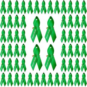 100/200 Pcs Green Mental Health Awareness Ribbons with Safety Pins, Satin Printed Ribbons for Women or Man