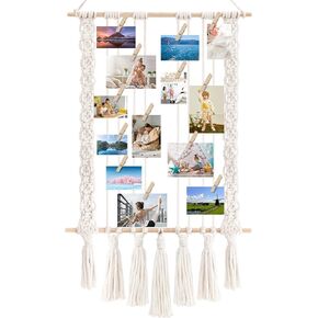 Hanging Photo Display with 30 Wood Clips Macrame Wall Hanging Picture Holder Collage Picture Frame for Boho Home Room Decor Teen Girl Gifts for Birthday Mother's Day Gift for Mom
