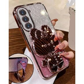 for Samsung Galaxy A35 5G Case for Women Cute Hidden Rabbit Bunny Mirror Stand,Plating Girly Glitter Gradient Layer Crystal Clear Soft Silicone Shockproof Phone Case for Samsung A35 5G Pink
