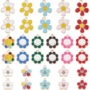 SUPERFINDINGS 96Pcs 2 Styles Smile Face Charms Pendants Alloy Enamel Charms Happy Face Pendant 8 Colors Flat Roun Heart with Smiling Face Charms for Jewelry Making,Hole: 1.5~1.6mm