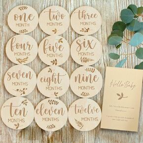 Baby Monthly Milestone Markers, Wooden Material, Double-Sided Printing, Natural Wood Color, 1-12 Months, Set of 6, 4 Inches in Size.