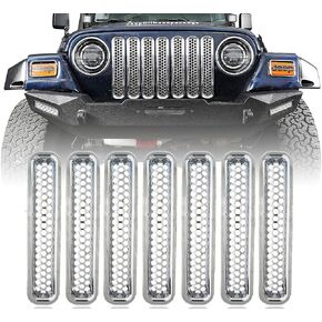 Hooke Road Chrome Front Grill Mesh Grille Inserts Cover Compatible with 1997-2006 Jeep Wrangler TJ & Unlimited (Pack of 7)