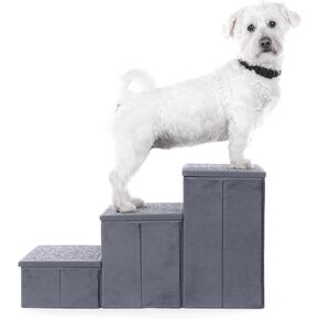 Grey Pet Stairs for Small & Medium Dogs - Velour 3-Step for Bed & Couch