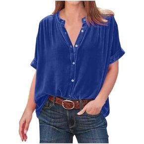 Chvity Womens Velvet Tops Summer Short Sleeve Button Down Shirts Casual Slim Fit Blouse