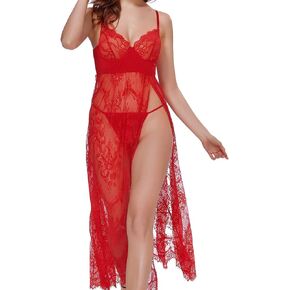 Women Lingerie Lace Babydoll High Slit Long Maxi Gown Sexy Sheer Nightdress with Underwire