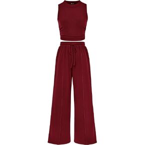 PRETTYGARDEN Women's Summer 2 Piece Outfits Ribbed Knit Lounge Sets Tracksuit Sleeveless Crop Tank Tops Wide Leg Casual Pants