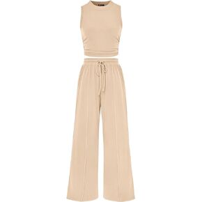 PRETTYGARDEN Women's Summer 2 Piece Outfits Ribbed Knit Lounge Sets Tracksuit Sleeveless Crop Tank Tops Wide Leg Casual Pants