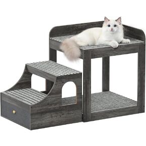 Cyclysio Pet Window Perch with Stairs, Large Pet Bunk Bed for Dogs and Cats, Multi-Level Pet Seat Platform with Mats, Pet Bed Couch with Drawers for Bedside, Home, Indoor Use, Medium Size, Grey