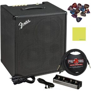 Fender Rumble Stage 800 Bass Guitar Amp 120V, Black Bundle with Pig Hog PCH10BK 10ft Black Woven Instrument Cable, Foot Switch, Power Cable, 12x Fender Guitar Picks and Instrument Polishing Cloth