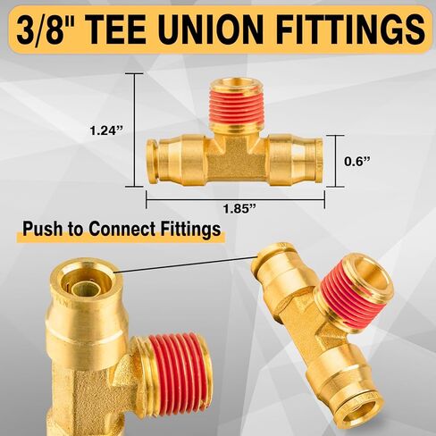 دفع نحاسي 3/8 بوصة لتوصيل التركيبات، أنبوب OD 3/8 بوصة × 3/8 بوصة NPT DOT Air Fittings Tee Union Air Brake Line Fittings موصل الفرامل لصناعة مقطورات الشاحنات أو نظام الهواء (3 قطع) in Kuwait