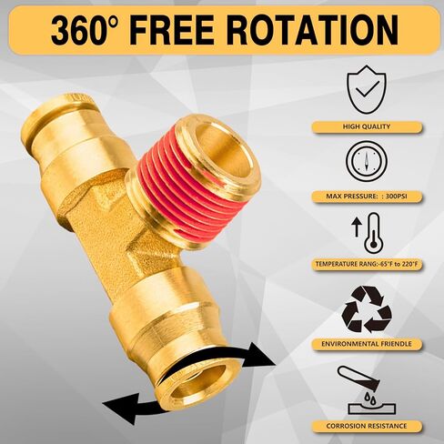 دفع نحاسي 3/8 بوصة لتوصيل التركيبات، أنبوب OD 3/8 بوصة × 3/8 بوصة NPT DOT Air Fittings Tee Union Air Brake Line Fittings موصل الفرامل لصناعة مقطورات الشاحنات أو نظام الهواء (3 قطع) in Kuwait