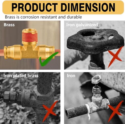 دفع نحاسي 3/8 بوصة لتوصيل التركيبات، أنبوب OD 3/8 بوصة × 3/8 بوصة NPT DOT Air Fittings Tee Union Air Brake Line Fittings موصل الفرامل لصناعة مقطورات الشاحنات أو نظام الهواء (3 قطع) in Kuwait