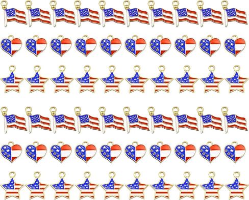 60 قطعة من سحر العلم الأمريكي سحر المينا الوطنية 4 يوليو سحر العلم القلب والنجمة لزينة يوم الاستقلال DIY ديكور المنزل مجوهرات قلادة أساور صناعة الأقراط in Kuwait