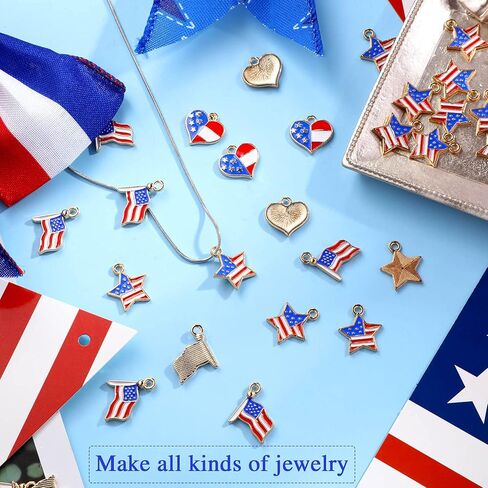 60 قطعة من سحر العلم الأمريكي سحر المينا الوطنية 4 يوليو سحر العلم القلب والنجمة لزينة يوم الاستقلال DIY ديكور المنزل مجوهرات قلادة أساور صناعة الأقراط in Kuwait
