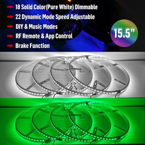 15.5in RGBW أضواء حلقة العجلة للشاحنة، 288 LED أضواء حافة السيارة ألمع ألوان متعددة أضواء إطارات السيارات مع وحدة تحكم تطبيق Blue-Tooth in Kuwait