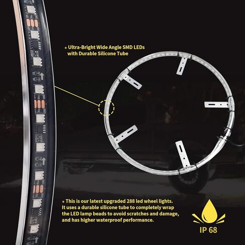 15.5in RGBW أضواء حلقة العجلة للشاحنة، 288 LED أضواء حافة السيارة ألمع ألوان متعددة أضواء إطارات السيارات مع وحدة تحكم تطبيق Blue-Tooth in Kuwait