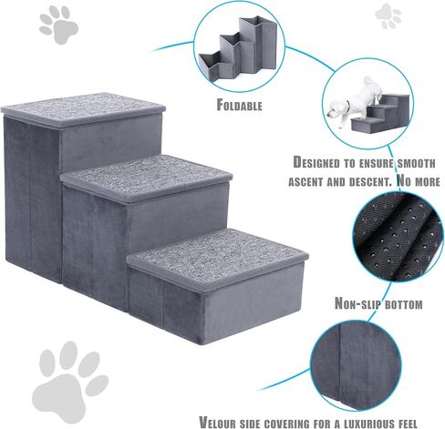 Grey Pet Stairs for Small & Medium Dogs - Velour 3-Step for Bed & Couch in Saudi Arabia