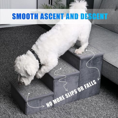 Grey Pet Stairs for Small & Medium Dogs - Velour 3-Step for Bed & Couch in Saudi Arabia