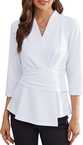 GRACE KARIN Women's Work Blouses Trendy V Neck 3/4 Sleeve Peplum Tops Elegant Irregular Wrap Hem Stylish Shirt White 2XL in Saudi Arabia