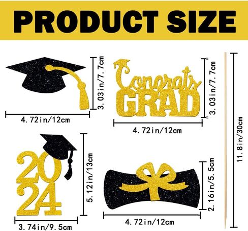 YUJUN 24 قطعة 2024 قطعة مركزية لحفلات التخرج الذهبية لعصي الطاولات، 2024 أغطية طاولات Congrats Grad لتزيين طاولة حفلات التخرج 2024 (ذهبي) in Kuwait