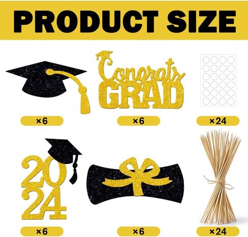 YUJUN 24 قطعة 2024 قطعة مركزية لحفلات التخرج الذهبية لعصي الطاولات، 2024 أغطية طاولات Congrats Grad لتزيين طاولة حفلات التخرج 2024 (ذهبي) in Kuwait