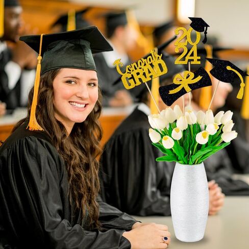 YUJUN 24 قطعة 2024 قطعة مركزية لحفلات التخرج الذهبية لعصي الطاولات، 2024 أغطية طاولات Congrats Grad لتزيين طاولة حفلات التخرج 2024 (ذهبي) in Kuwait