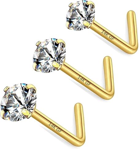 3 Pcs 14K Gold Filled Nose Studs 20G Nose Ring 2mm/2.5mm/3mm Round CZ L Bend Nose Stud Hypoallergenic Nose Piercing for Women Men in Saudi Arabia