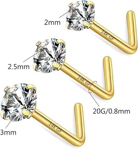 3 Pcs 14K Gold Filled Nose Studs 20G Nose Ring 2mm/2.5mm/3mm Round CZ L Bend Nose Stud Hypoallergenic Nose Piercing for Women Men in Saudi Arabia